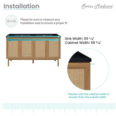 Classe 60" Freestanding Bathroom Vanity in Golden Oak with Black 3-Hole Widespread Double Basin Sink Top