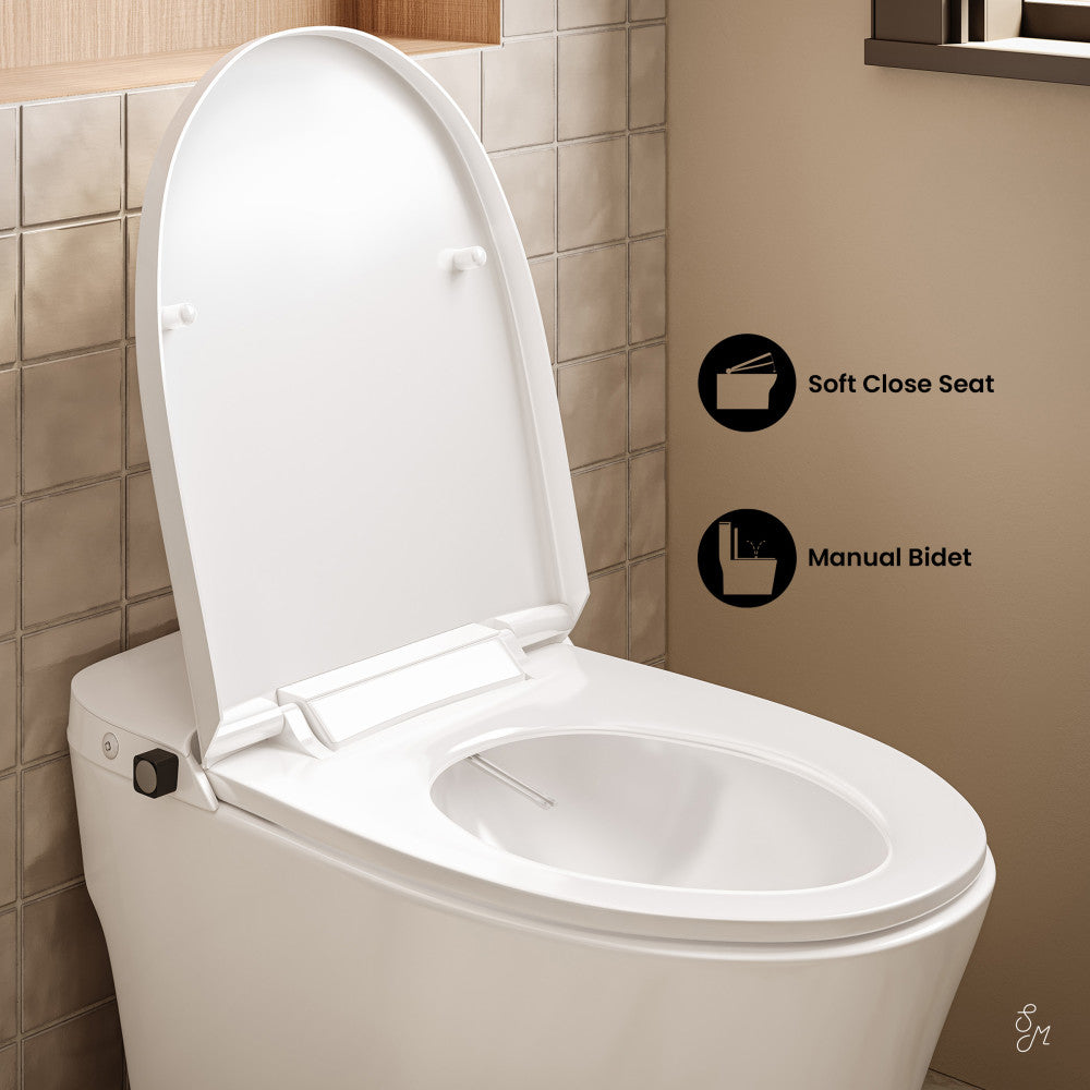 Hugo U Power Flush Tankless Toilet 10" Rough-in 1 GPF Non-Electric ADA Toilet with Integrated Tank and Manual Bidet in Glossy White