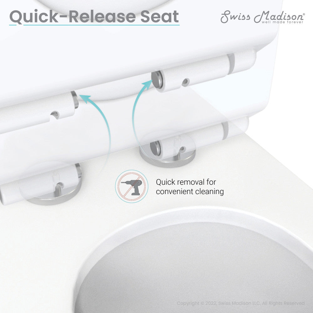 Elongated one-piece toilet with quick-release seat for easy cleaning, white ceramic with chrome hinges.