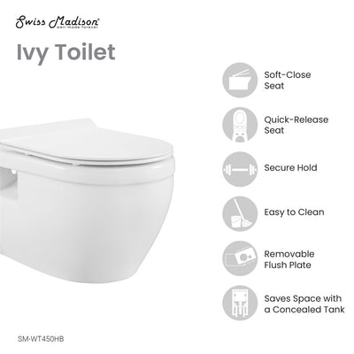 Ivy Wall Hung Elongated Toilet Bowl, Black Hardware