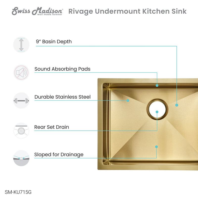 Rivage 23 x 18 Stainless Steel, Single Basin, Undermount Kitchen Sink, Gold