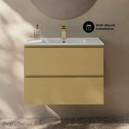Liberte 30" Wall-Mounted Bathroom Vanity in Natural Oak with Sink Top