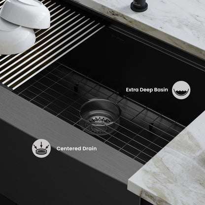 Tourner 33 x 22 Stainless Steel, Single Basin, Farmhouse Kitchen Workstation Sink with Apron in Black