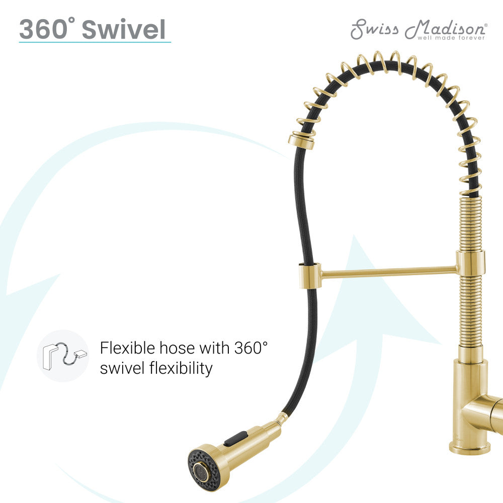 Single handle pull-down kitchen faucet in brushed gold with flexible hose and 360° swivel.