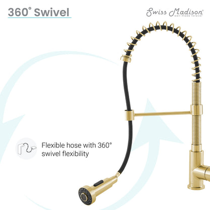 Single handle pull-down kitchen faucet in brushed gold with flexible hose and 360° swivel.