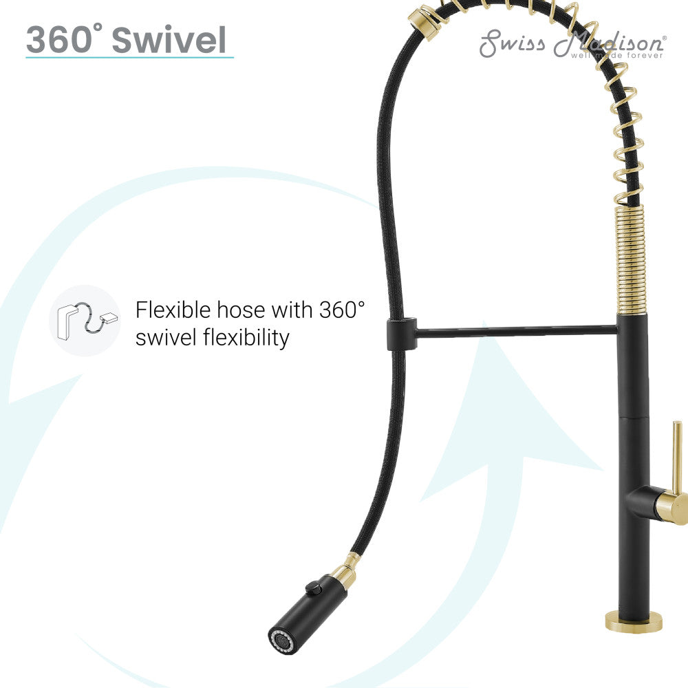 Single handle pull-down kitchen faucet in brushed gold and black with flexible hose and 360° swivel.