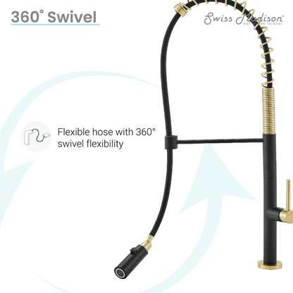 Single handle pull-down kitchen faucet in brushed gold and black with flexible hose and 360° swivel.