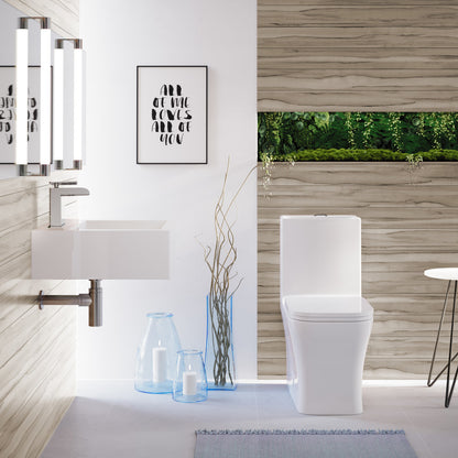 Elongated one-piece square toilet with dual flush and 10" rough-in, white porcelain.