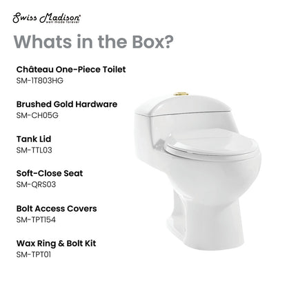 Elongated one-piece toilet with dual flush, brushed gold hardware, soft-close seat.