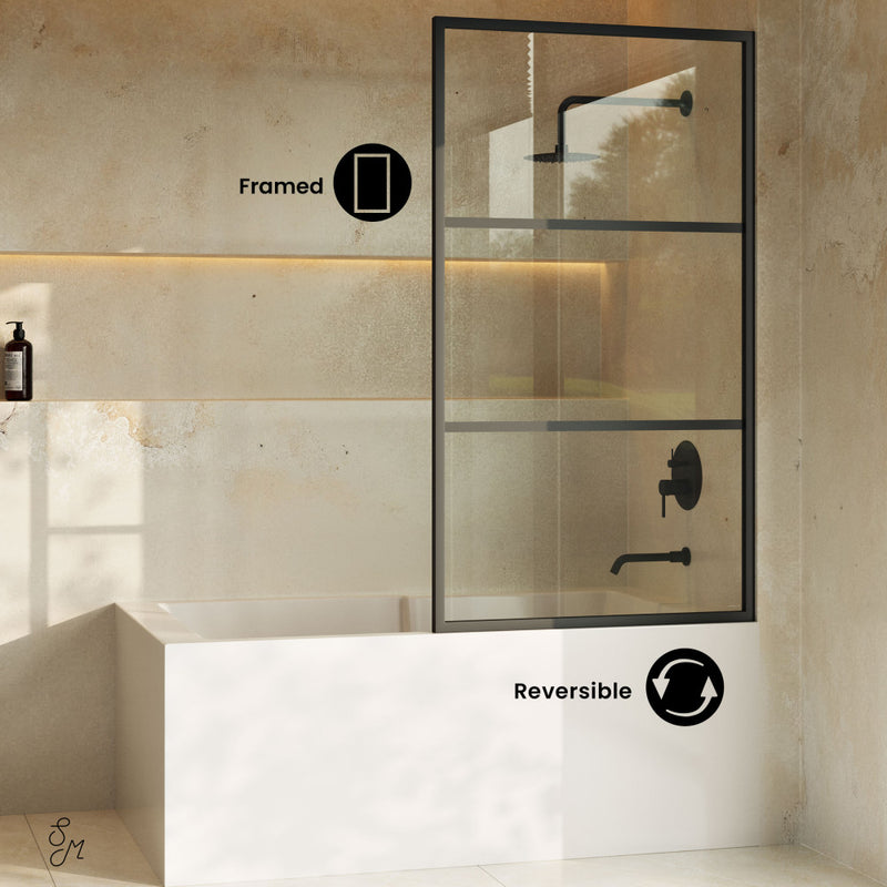 Claire 34 x 58 Framed Fixed 3/8 in. (10mm) Clear Tempered Glass Tub Door with Black Matte Frame