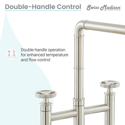 Widespread kitchen faucet in brushed nickel with double-handle control for temperature and flow adjustment.
