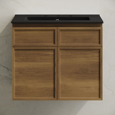 St. Tropez 24" Wall-Mounted Bathroom Vanity in Brown Oak with Black 3-Hole Centerset Sink Top