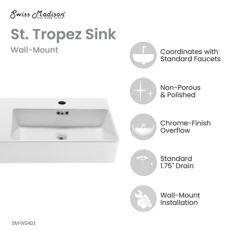 St. Tropez 36" Rectangle Wall-Mounted Sink with Right Side Faucet Mount