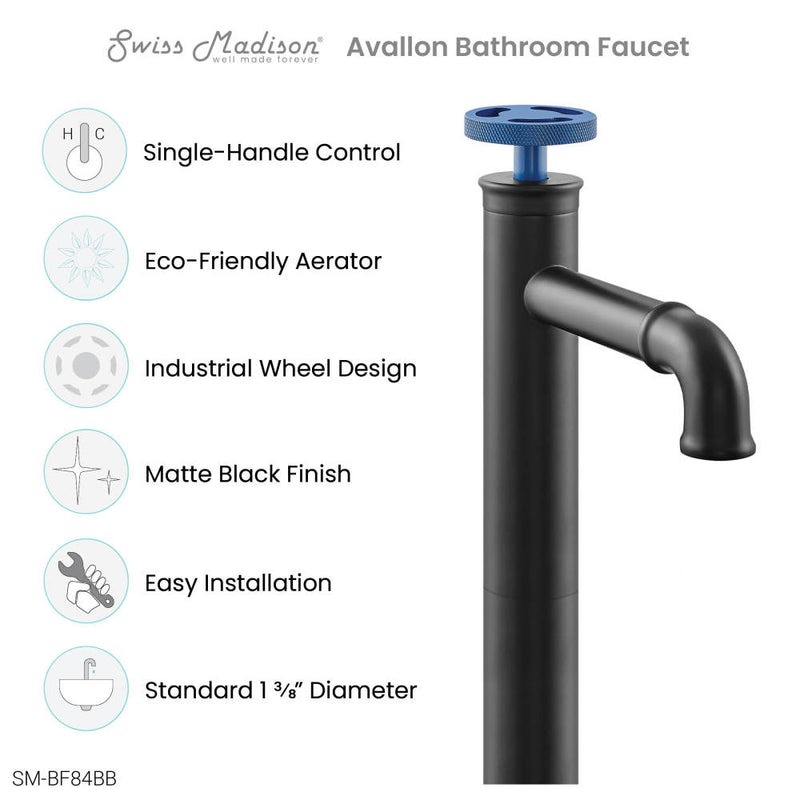 Avallon Single Hole, Single-Handle Wheel, High Arc Bathroom Faucet in Matte Black with Blue Handles