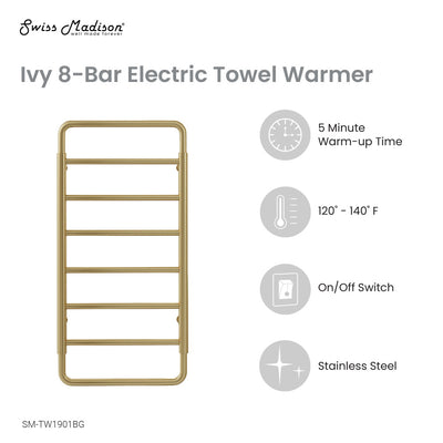 Ivy 8-Bar Electric Towel Warmer in Brushed Gold