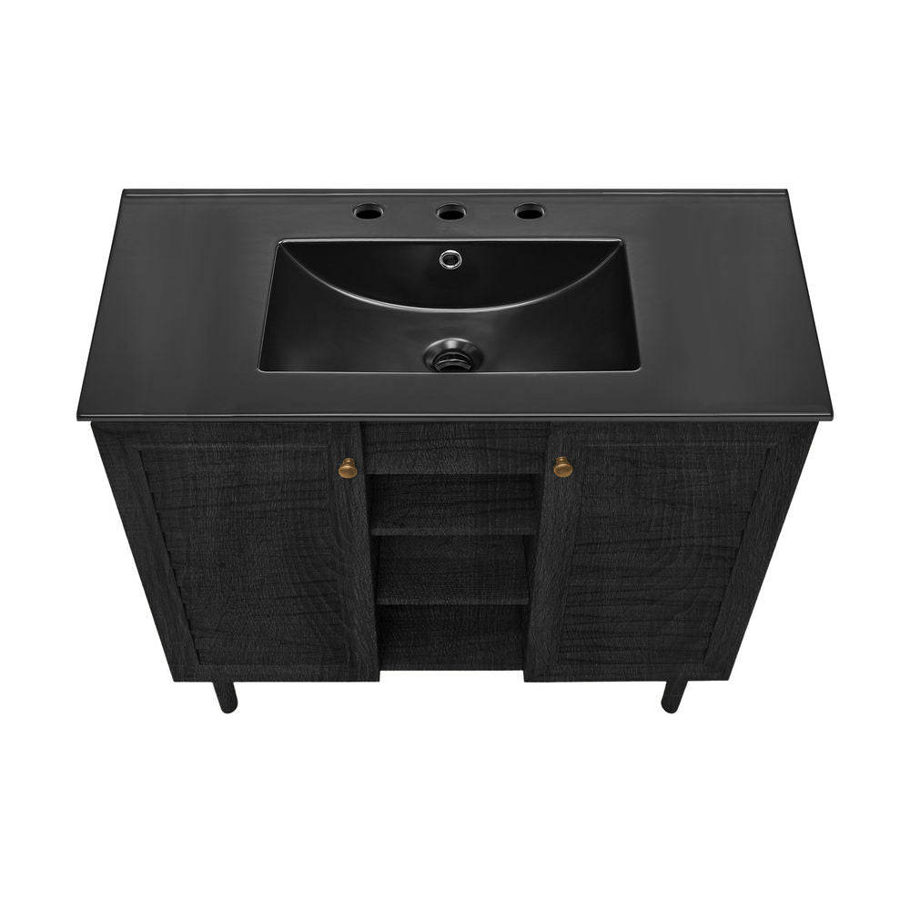 Bron 36" Freestanding Bathroom Vanity in Black Oak with Black 3-Hole Widespread Sink Top