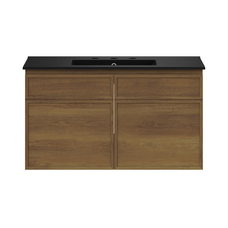 St. Tropez 36" Wall-Mounted Bathroom Vanity in Brown Oak with Black 3-Hole Widespread Sink Top