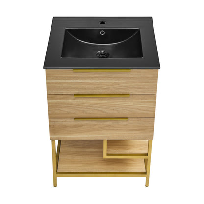 Carre 24 in. Golden Oak Bathroom Vanity with Black Ceramic Sink Top