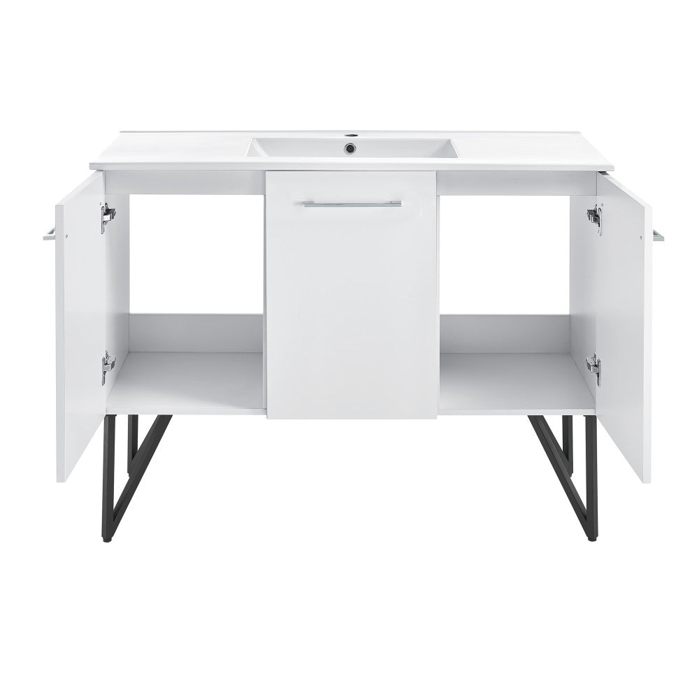 48-inch freestanding white bathroom vanity with single sink and soft-close doors.