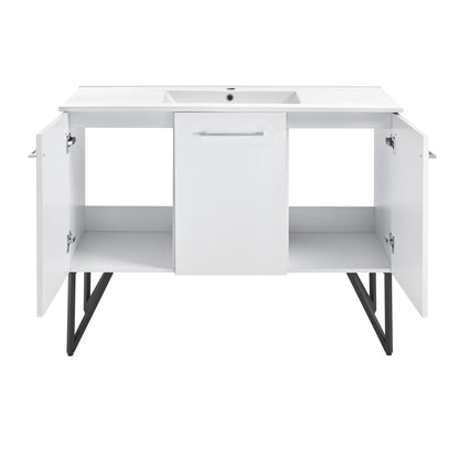 48-inch freestanding white bathroom vanity with single sink and soft-close doors.
