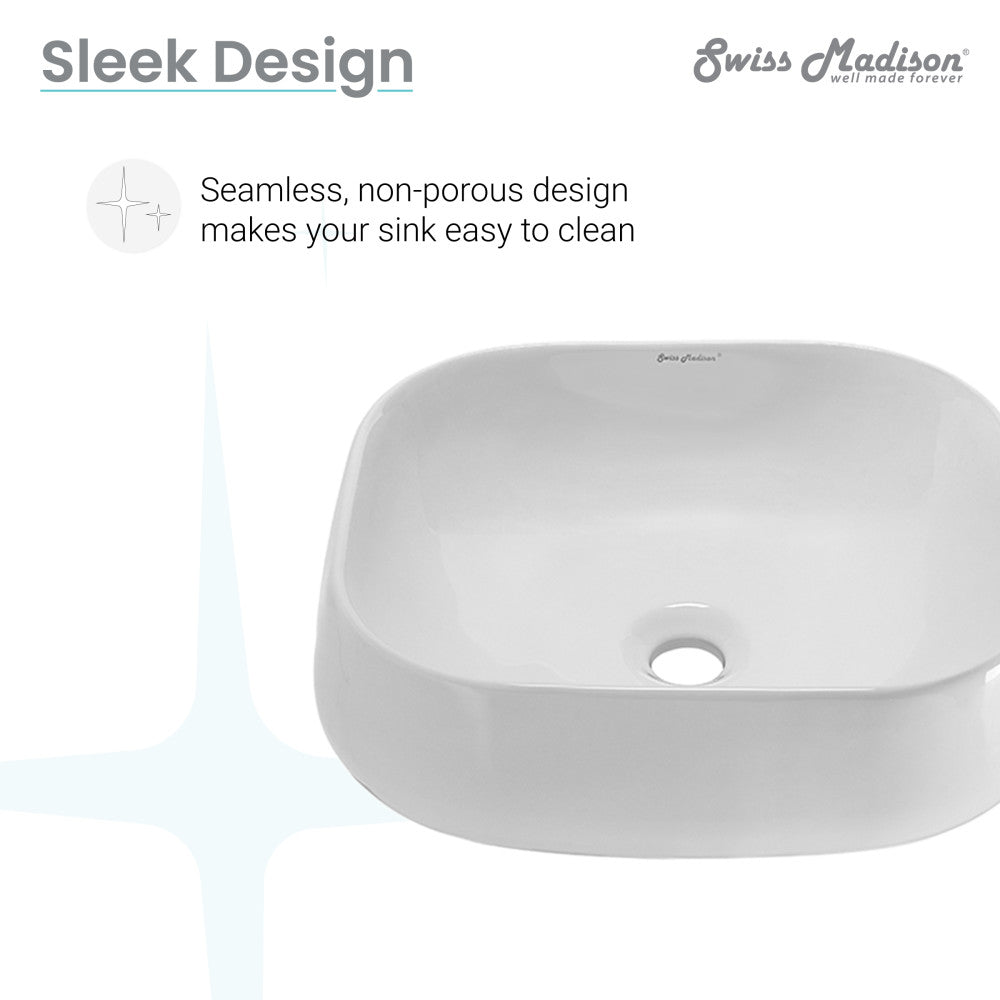 Square ceramic vessel sink, white, smooth seamless design, top drain hole.