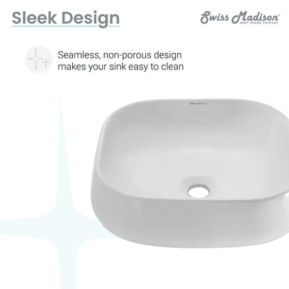 Square ceramic vessel sink, white, smooth seamless design, top drain hole.
