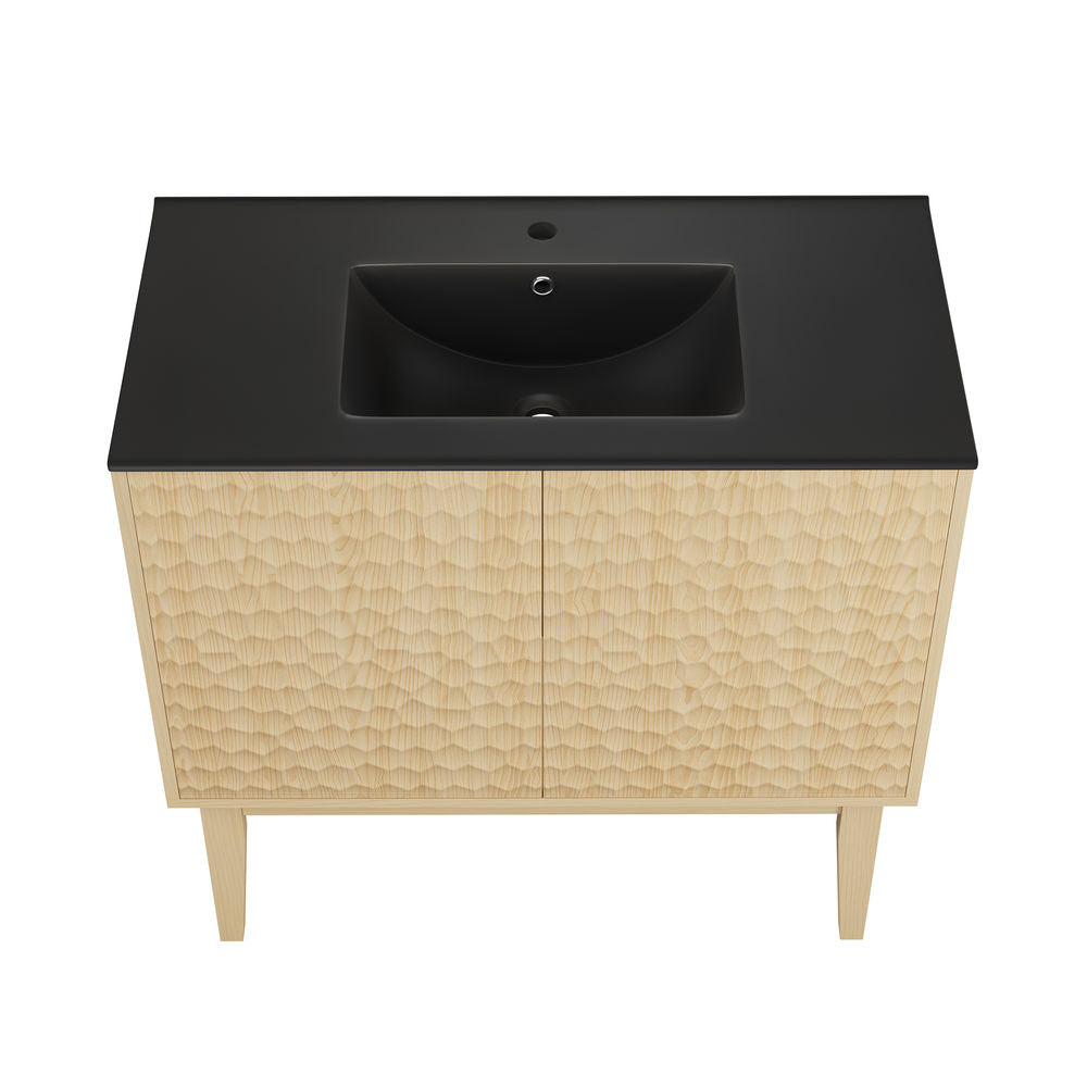 Bosse 36" Freestanding Bathroom Vanity in Natural Oak with Black Sink Top