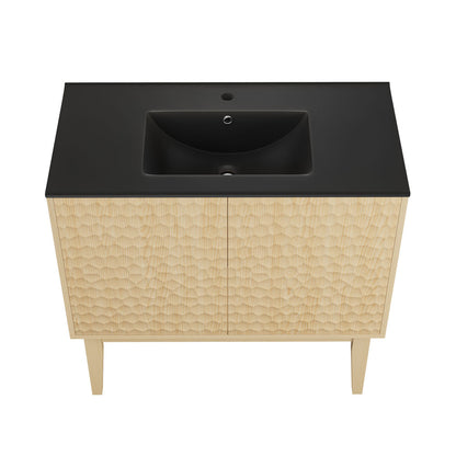 Bosse 36" Freestanding Bathroom Vanity in Natural Oak with Black Sink Top