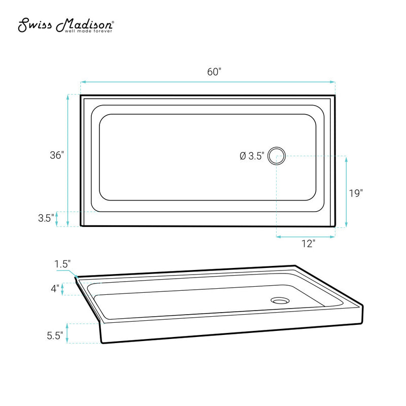 Voltaire 60" x 36" Single-Threshold, Right-Hand Drain, Shower Base in Grey