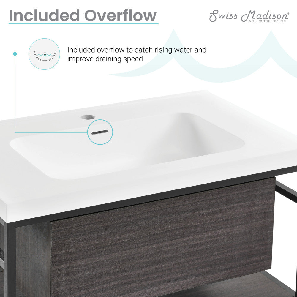 30-inch wall-mounted bathroom vanity in black oak with single sink and white top.