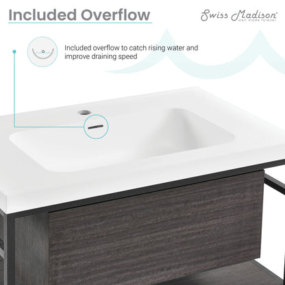 30-inch wall-mounted bathroom vanity in black oak with single sink and white top.
