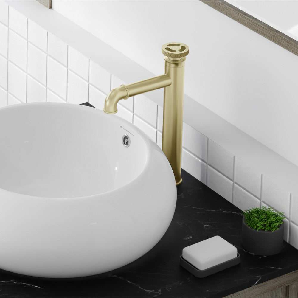 Single-handle high arc bathroom faucet in brushed gold with wheel handle and single hole installation.