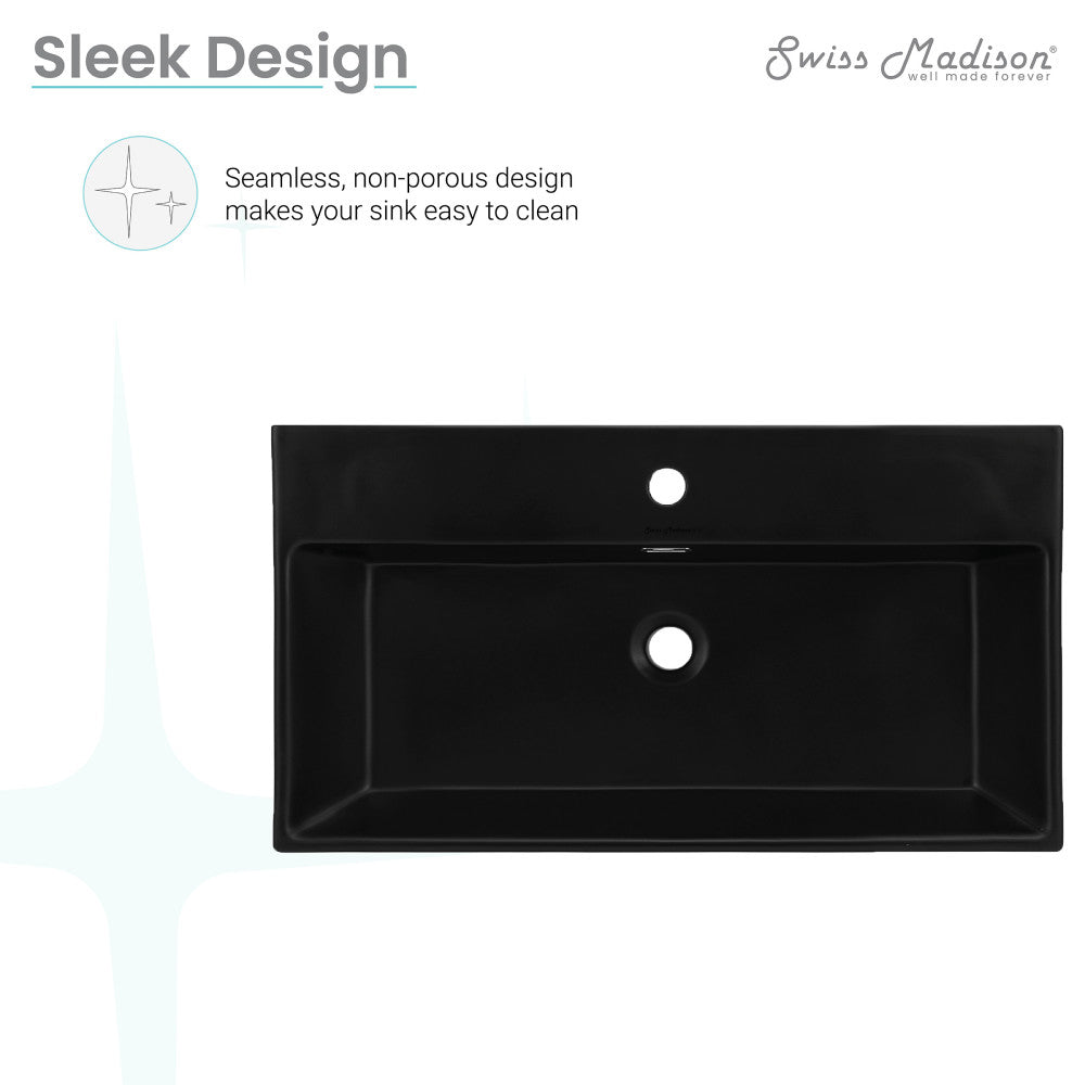 30" rectangle wall-mount bathroom sink in matte black, seamless design with single faucet hole and center drain.