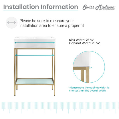 24-inch freestanding bathroom vanity with gold metal frame and open lower shelf.