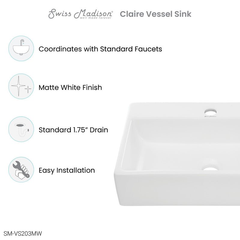 Claire 20 Rectangle Ceramic Vessel Sink, Matte White
