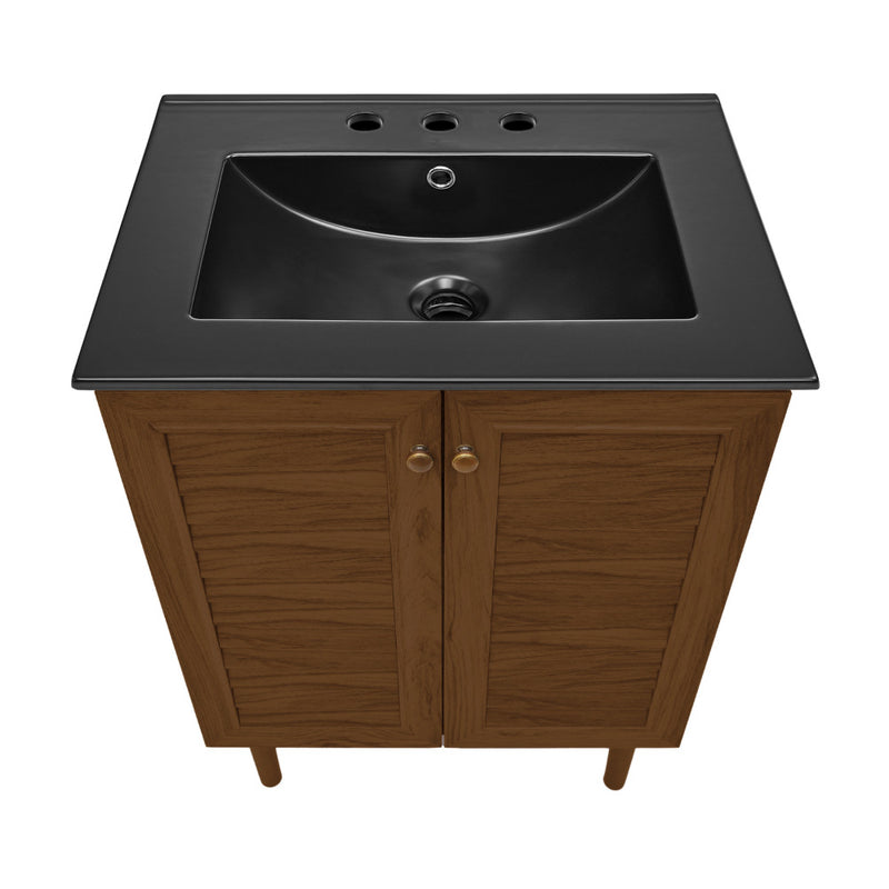 Bron 24" Freestanding Bathroom Vanity in Brown Oak with Black 3-Hole Widespread Sink Top