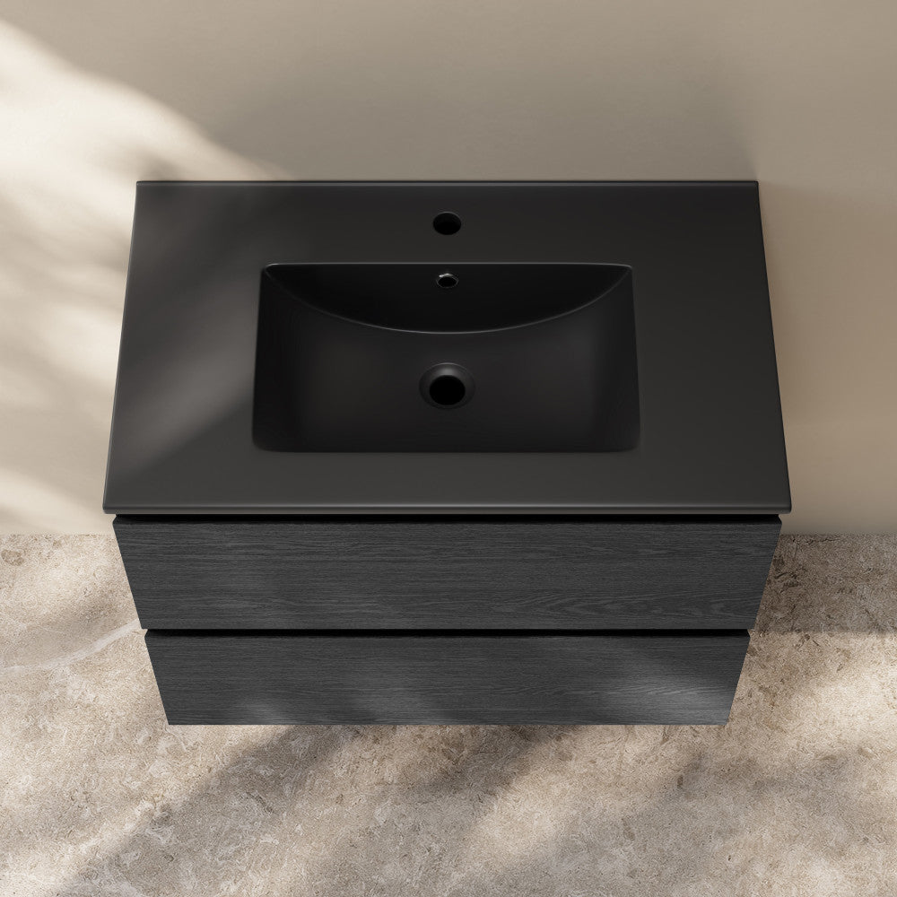 Liberte 30" Wall-Mounted Bathroom Vanity in Black Oak with Black Sink Top