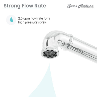 Widespread kitchen faucet in chrome with side sprayer and curved spout.