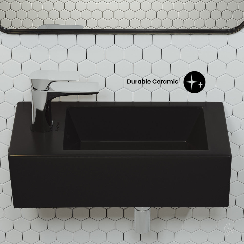 Voltaire 19.5 x 10 Rectangular Ceramic Wall Hung Sink with Left Side Faucet Mount, Matte Black