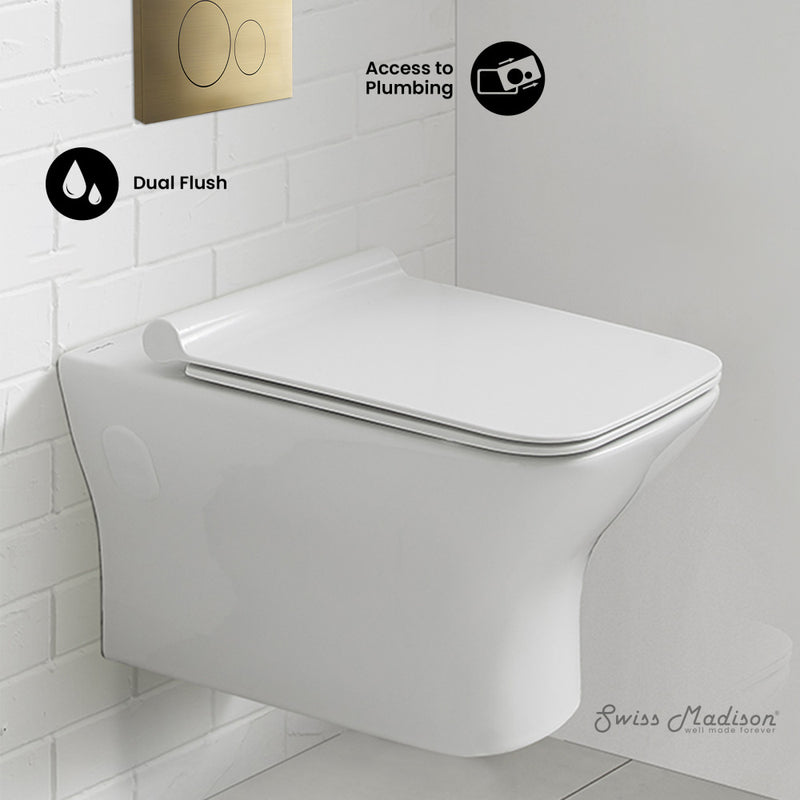 Carre Wall-Hung Toilet Bundle 0.8/1.6 GPF Dual Flush in Glossy White with Brass Flush Plate