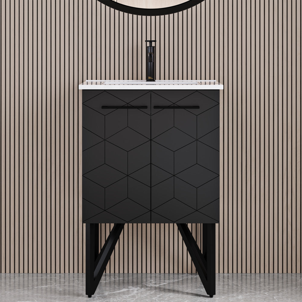 24-inch freestanding bathroom vanity in phantom black with single sink and modern geometric door design.