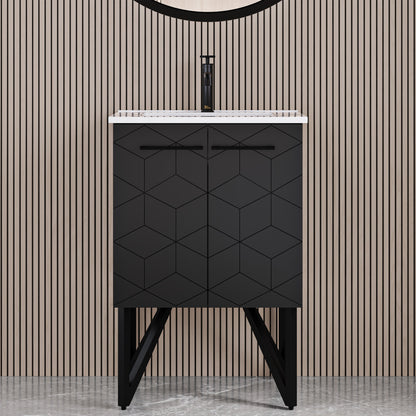 24-inch freestanding bathroom vanity in phantom black with single sink and modern geometric door design.