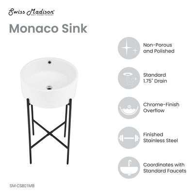 Monaco 16.5" Round Console Sink, White Basin Matte Black Legs