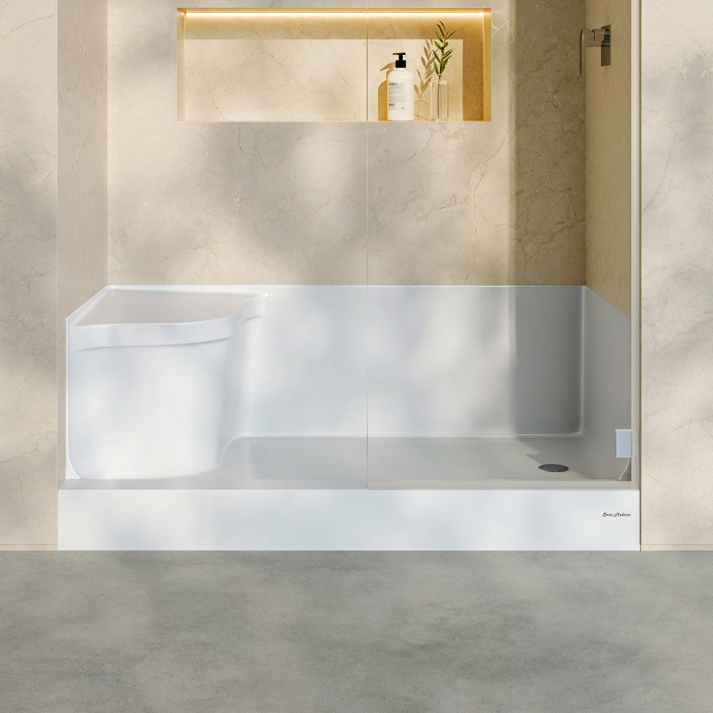 Aquatique 60" x 32" Single Threshold Shower Base With Right Hand Drain and Integral Left Hand Seat in White