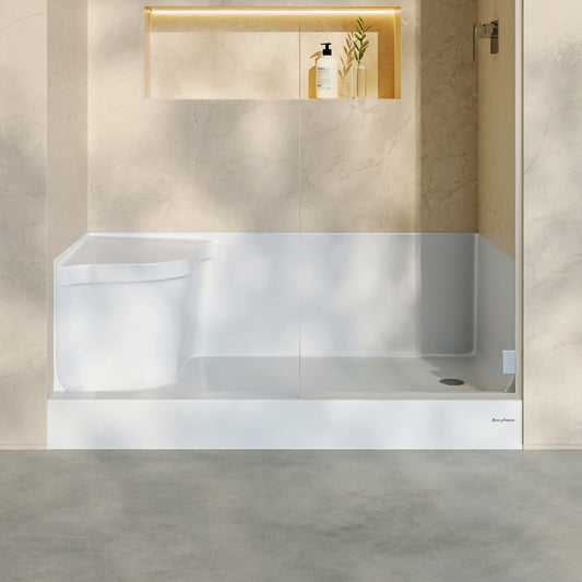 Aquatique 60" x 32" Single Threshold Shower Base With Right Hand Drain and Integral Left Hand Seat in White