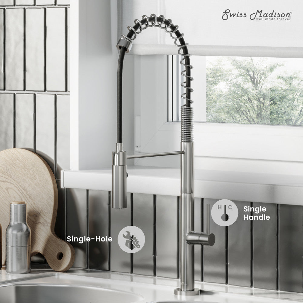 Pull-down kitchen faucet in brushed nickel, single handle, single-hole mount, flexible spring neck.