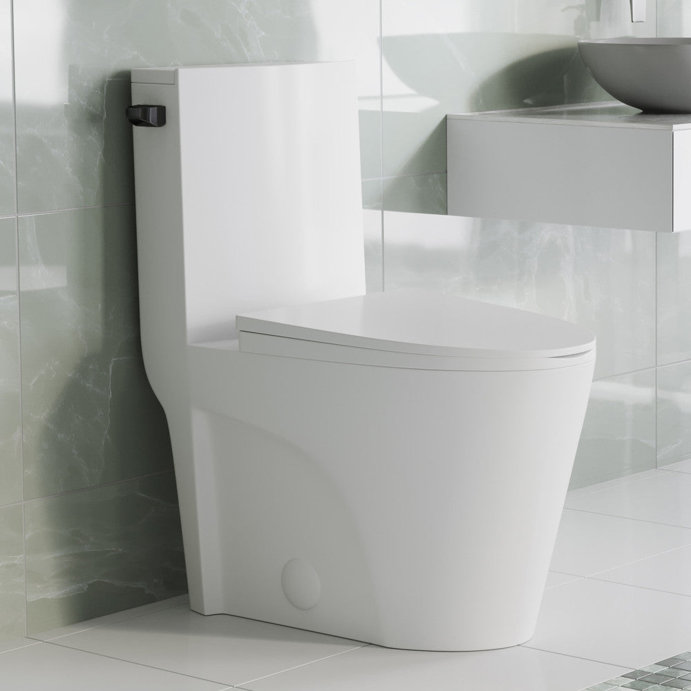 St. Tropez One Piece Elongated Toilet Side Flush 1.28 gpf with Black Hardware
