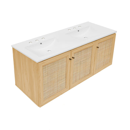 Classe 48" Wall-Mounted Bathroom Vanity in Natural Oak with 3-Hole Centerset Double Basin Sink Top