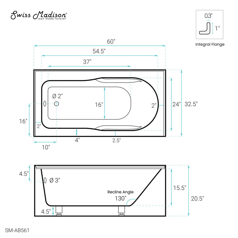 Concorde 60" x 32" Acrylic Glossy White, Alcove, Integral, Left-Hand Drain, Apron Bathtub