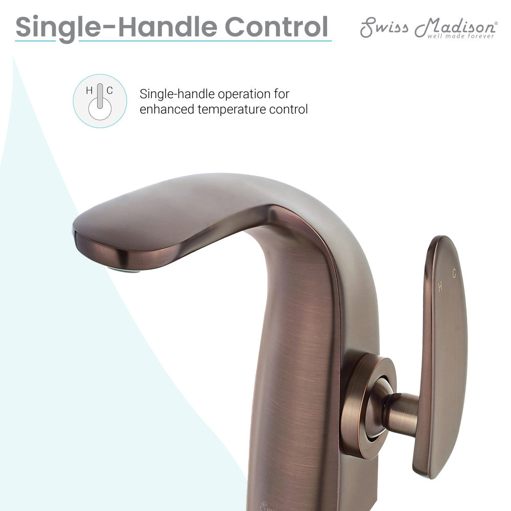 Single-handle bathroom faucet in oil rubbed bronze with curved spout and lever handle.